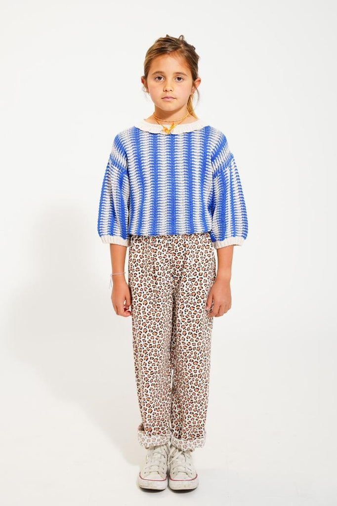 Gebreide top met kraagje - ecru & blauw